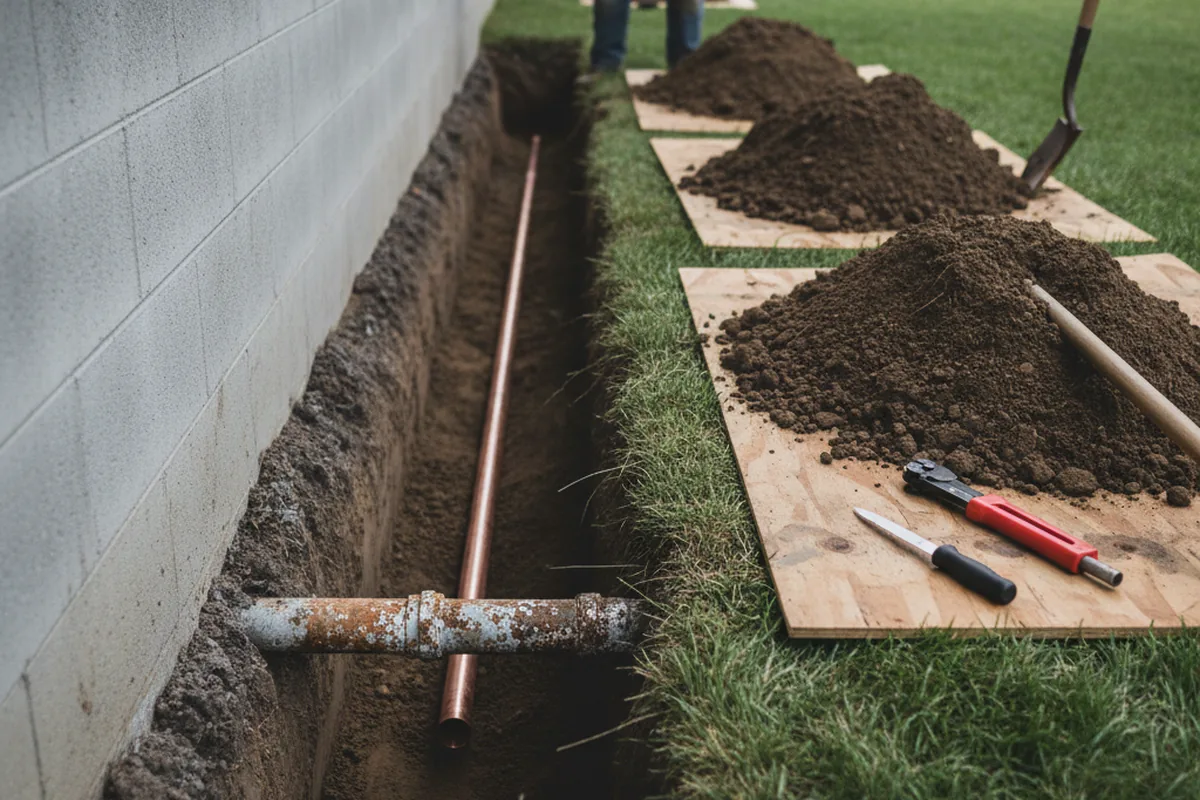 Excavated water line trench during Sewer Line Repair in Dodge